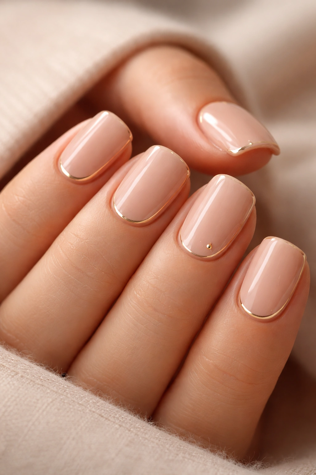 Close-up of nude squoval nails with delicate gold detailing