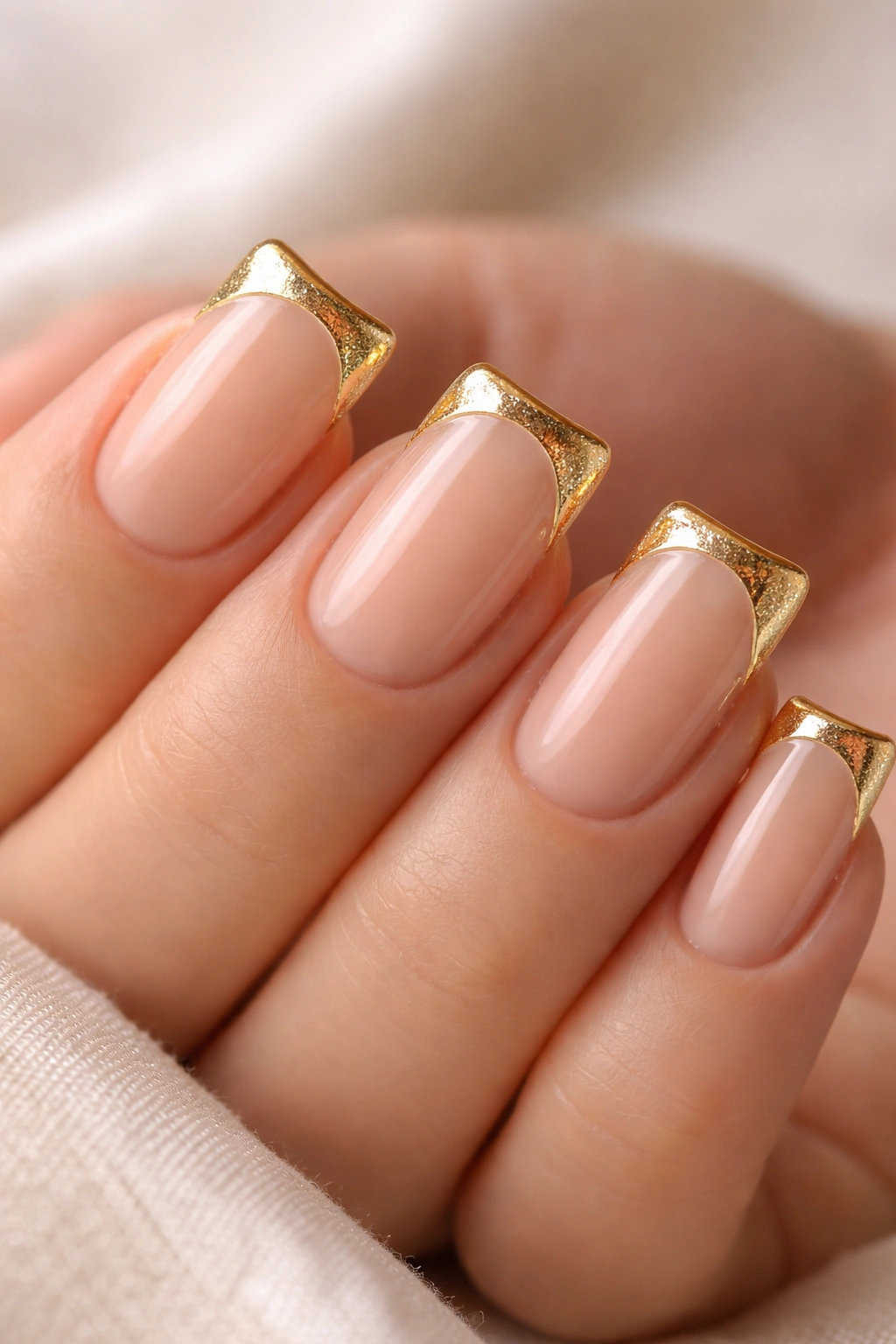 Close-up of short nails with nude base and gold accents on duck curve