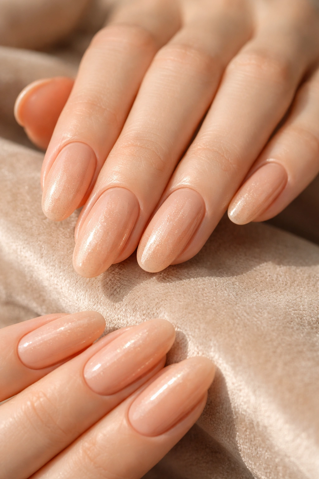 Close-up of long round nails in warm nude with subtle gold shimmer in direct light