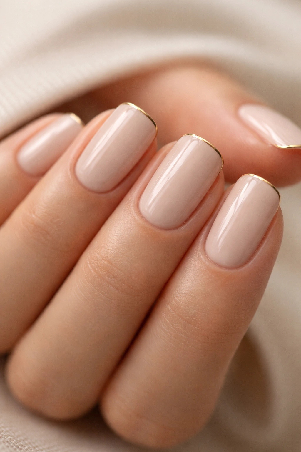 Nude squoval nails with an ultra-thin gold edge accent.
