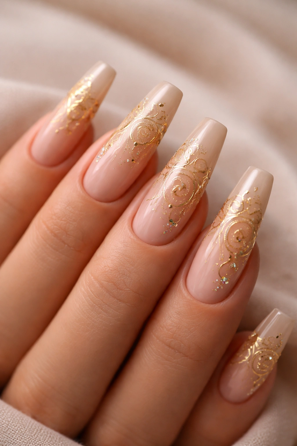 Close-up of nude coffin nails with tiny gold filigree details
