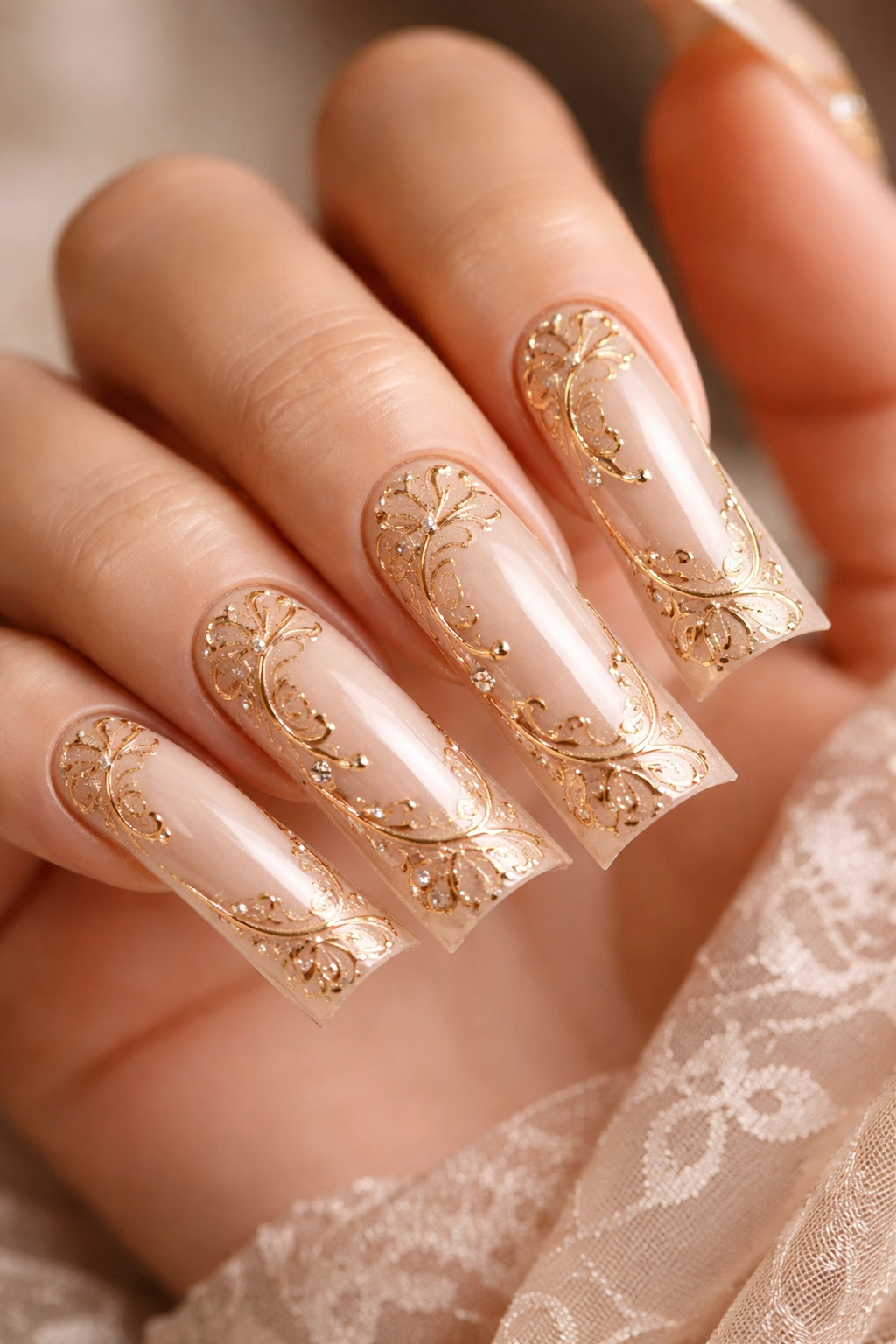 Close-up of nude nails with delicate gold filigree