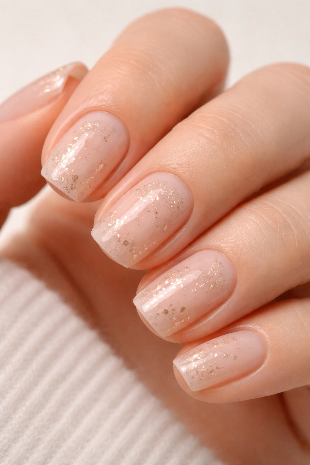 Close-up of nude squoval nails with sparse gold flecks on short nails