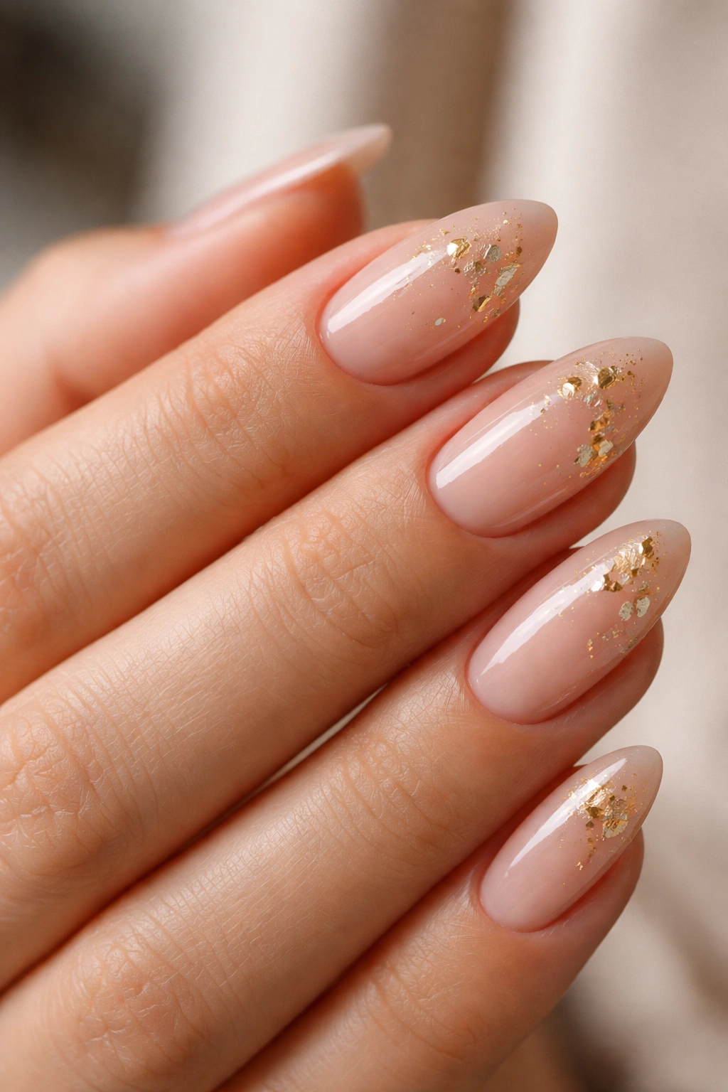 Close-up of nude almond nails with gold foil accents.
