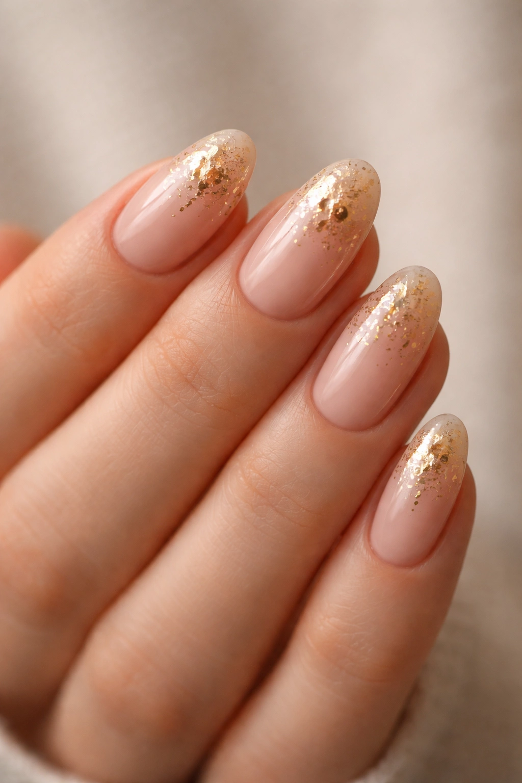 Close-up of nude almond nails with gold foil flecks