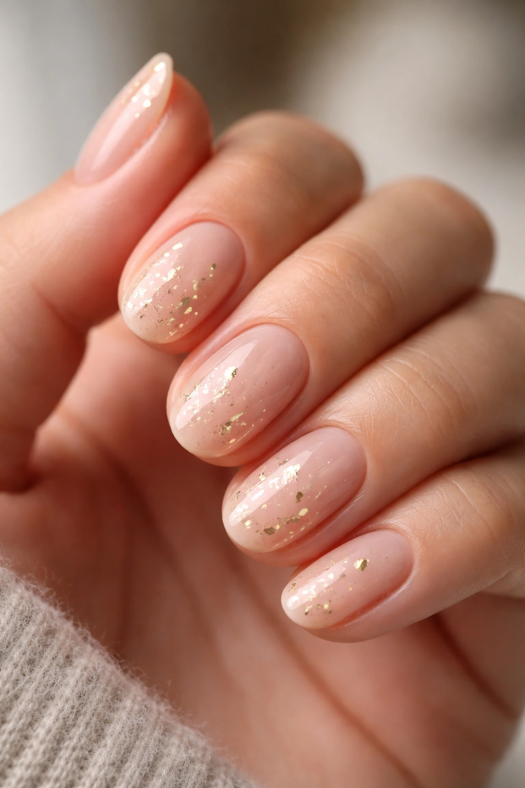 Close-up of nude short oval nails with small gold foil flecks.