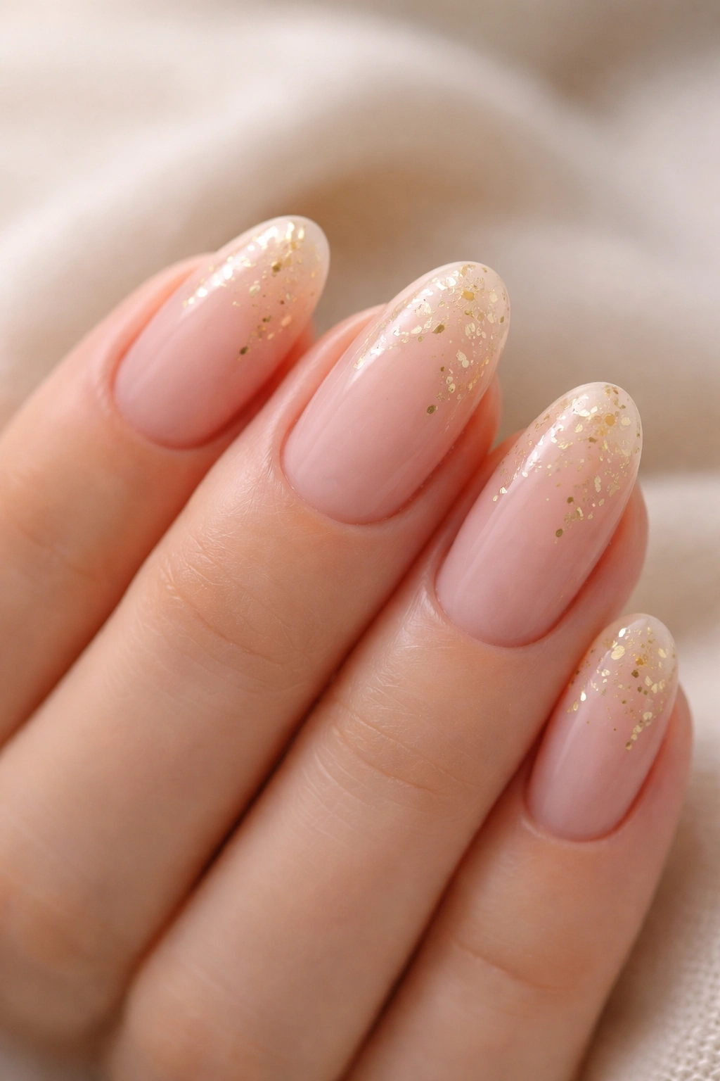 Close-up of nude short almond nails with tiny gold foil flecks