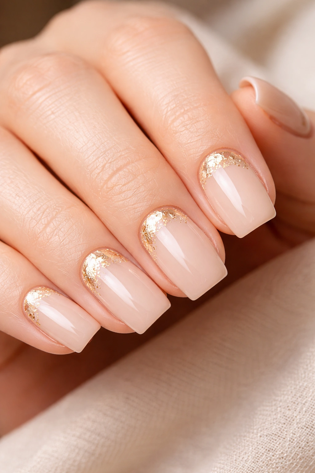 Nude nails with gold foil on square-oval shape
