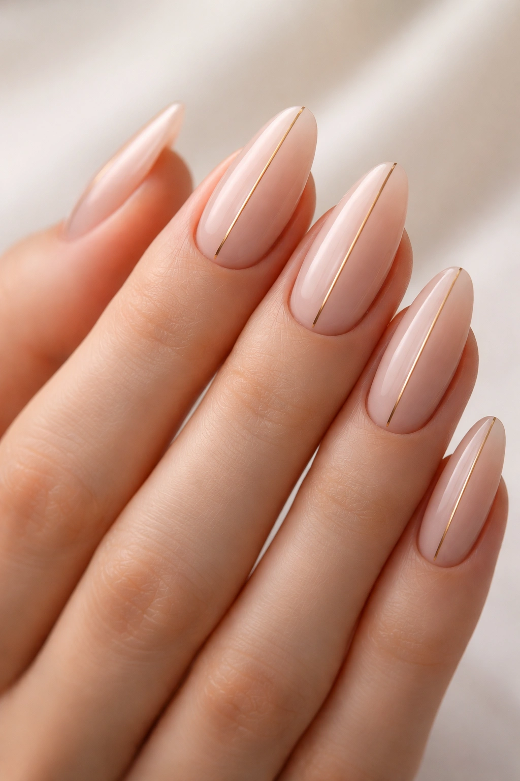 Nude nails with a single ultra-thin gold line down center on long ovals