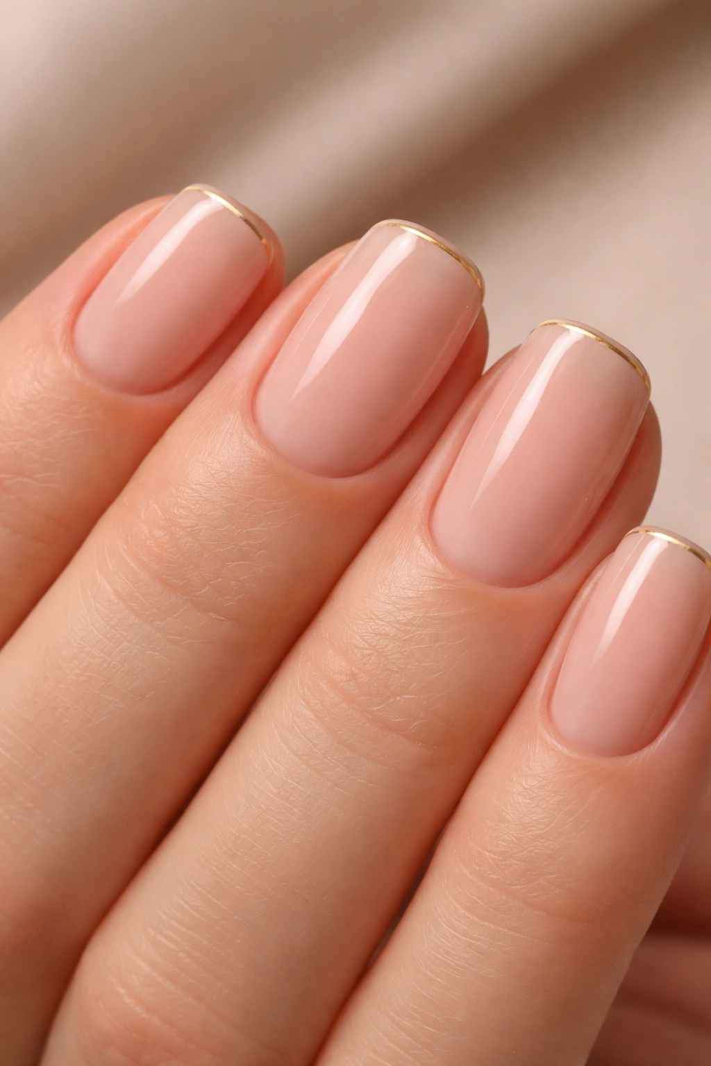 Close-up of nude squoval nails with an ultra-thin gold line along the edge
