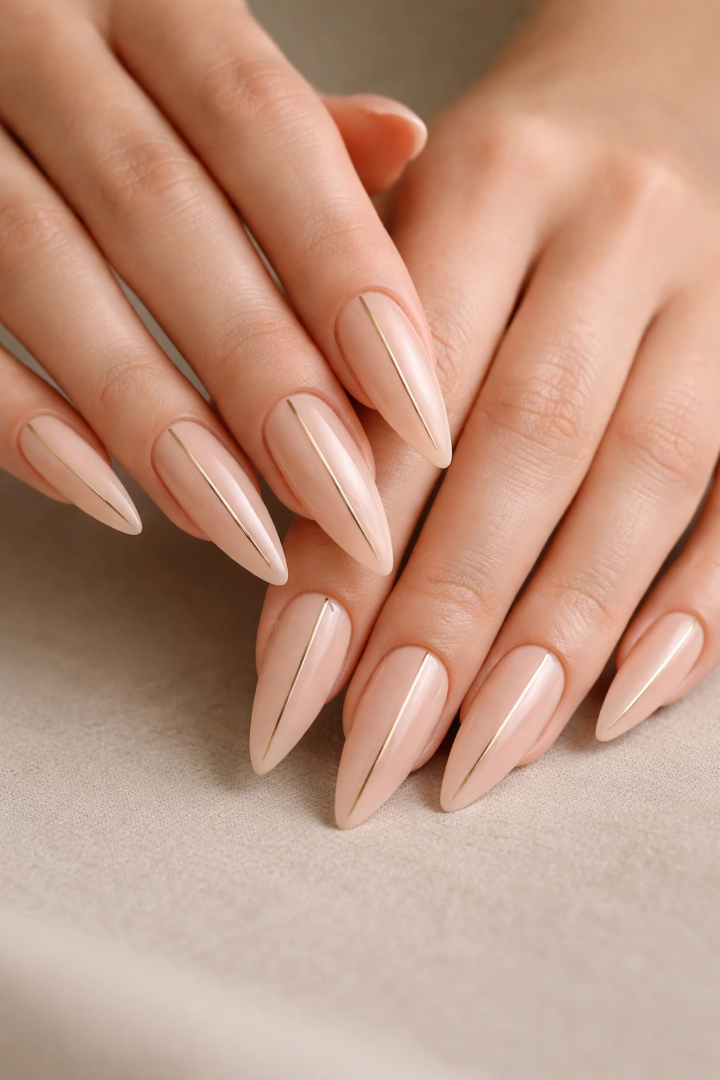 Close-up of classic nude stiletto nails with a thin gold center line
