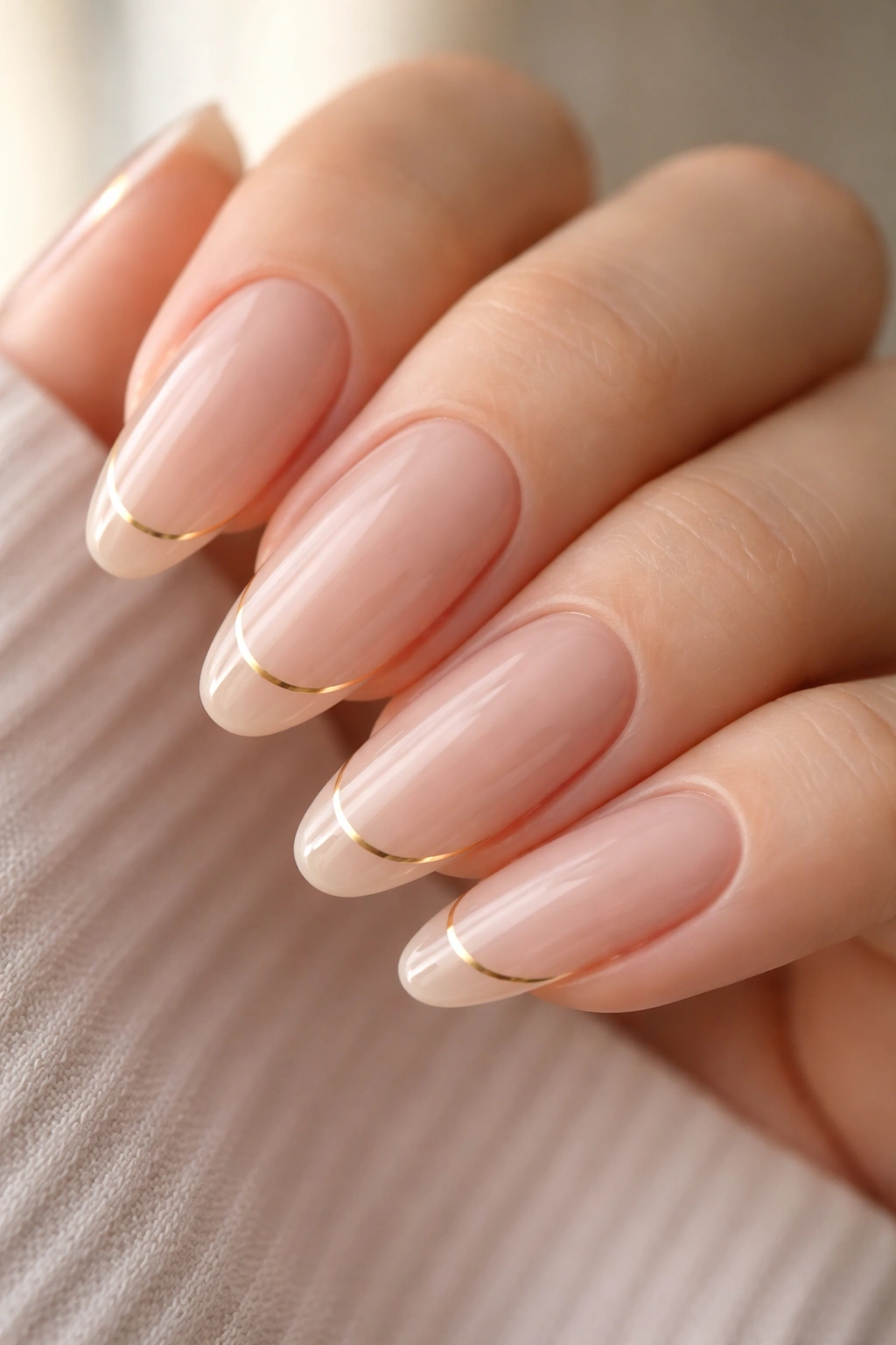 Close-up of long oval nails with a nude base and a thin gold line