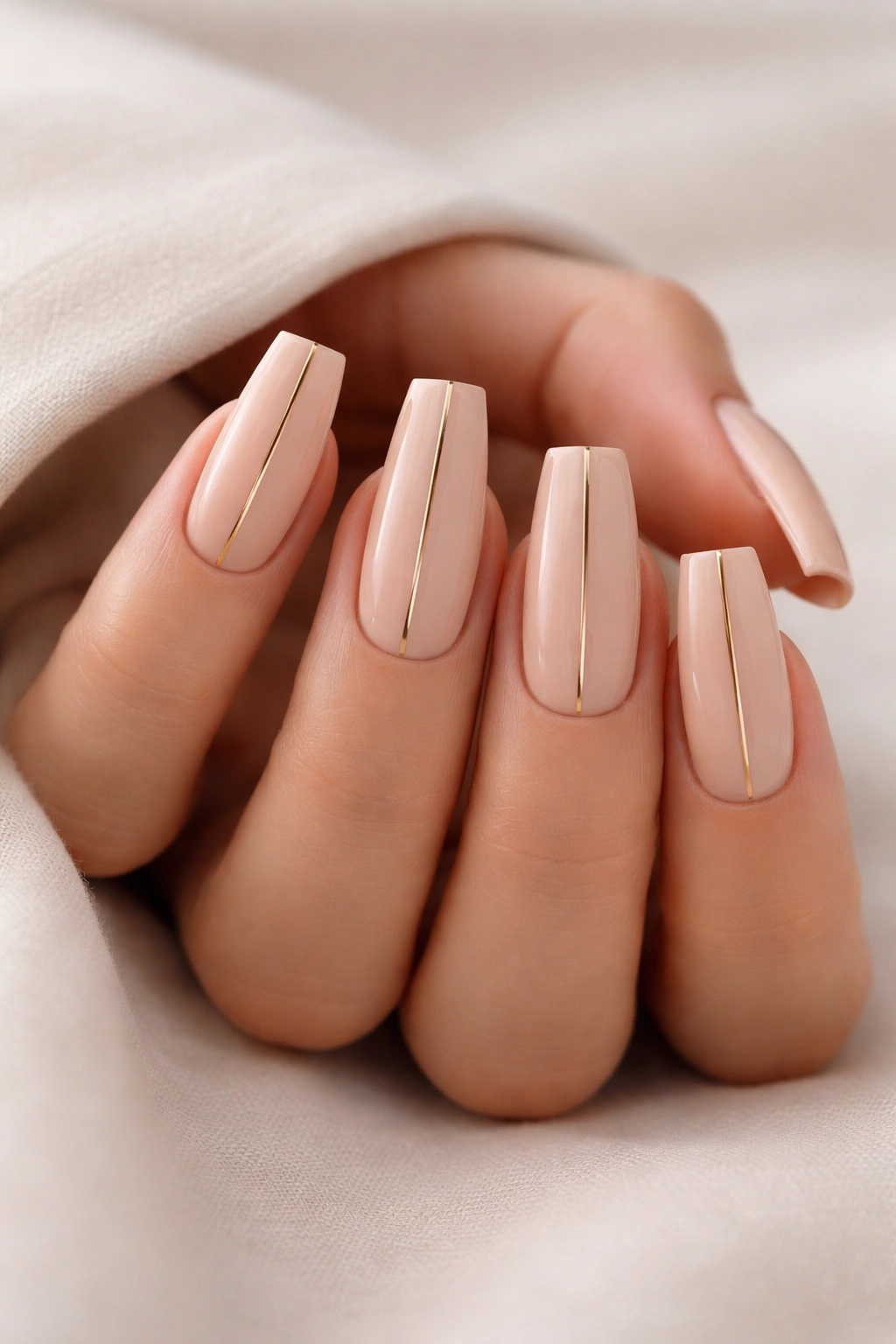 Close-up of coffin nails in nude with a thin gold center line on each nail