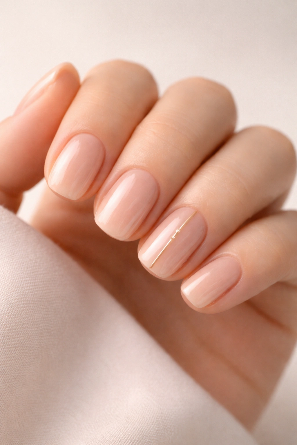 Close-up of short squoval nails with a soft nude gel and a thin gold center line on one nail.