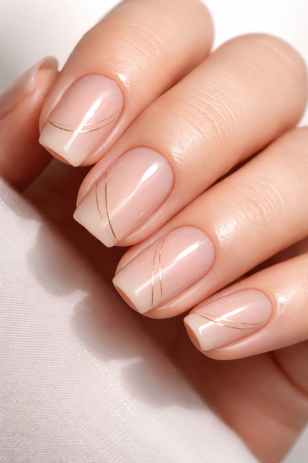 Close-up of short soft square nails with nude base and fine gold lines