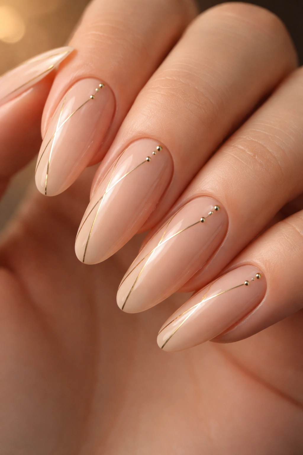 Close-up of nude nails with gold lines and metallic dots