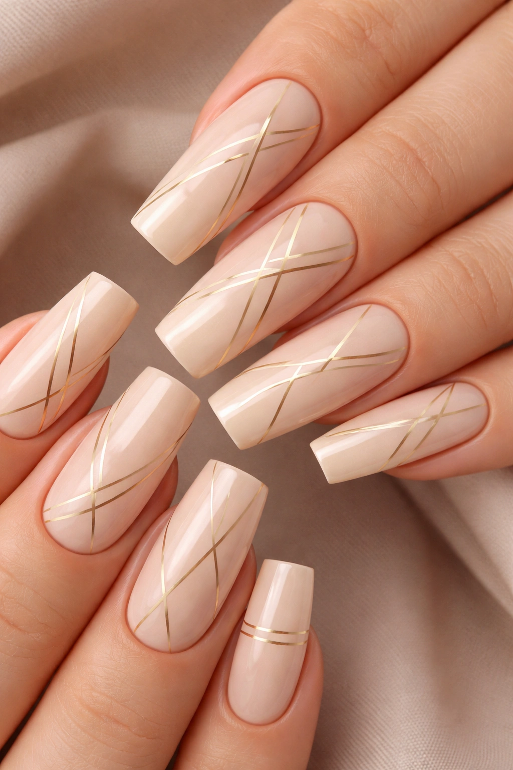 Close-up of long squoval nails with warm nude base and gold geometric lines