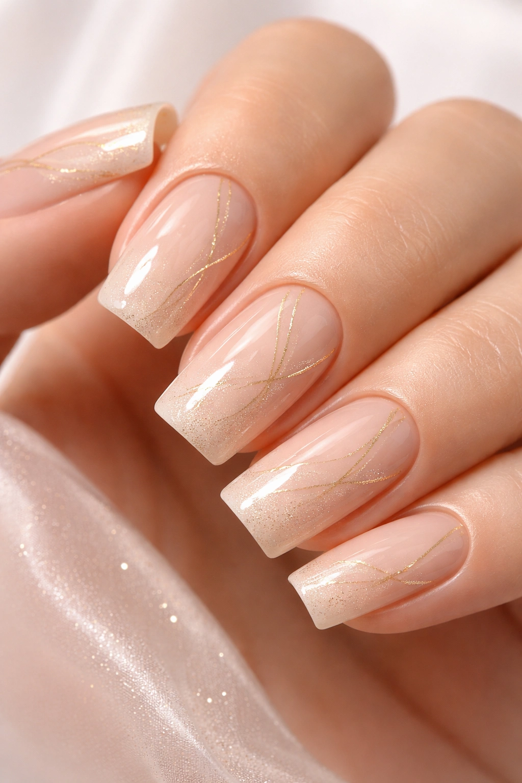Close-up of pale nude nails with fine gold lines and shimmer