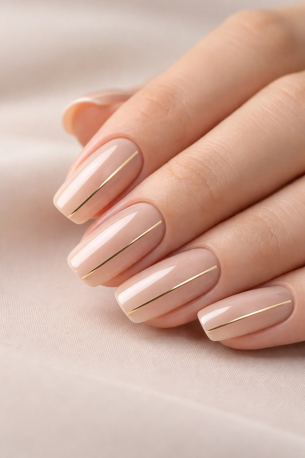 Close-up of classic nude squoval nails with thin gold lines.