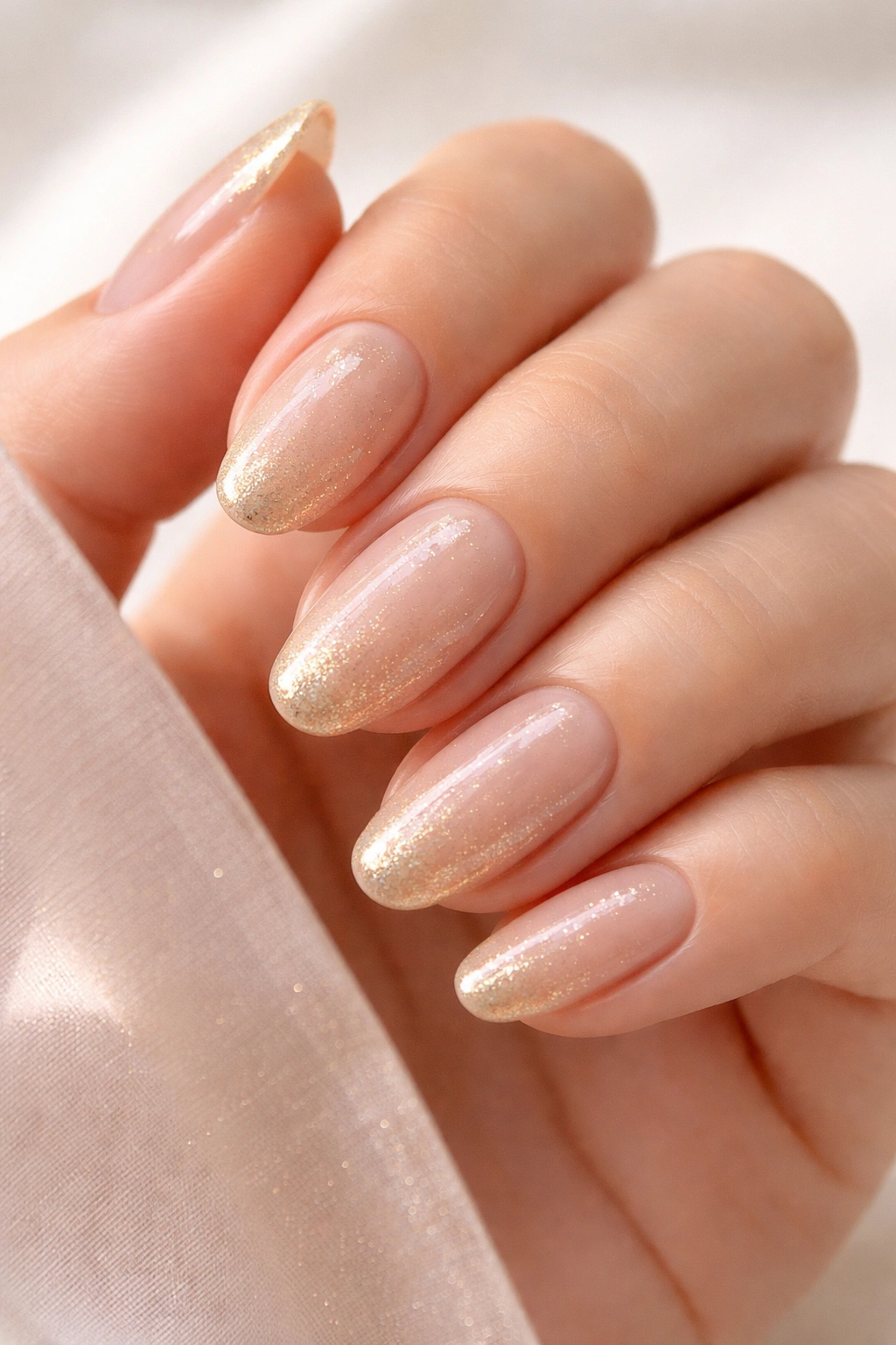 Close-up of nude nails with gold shimmer accents