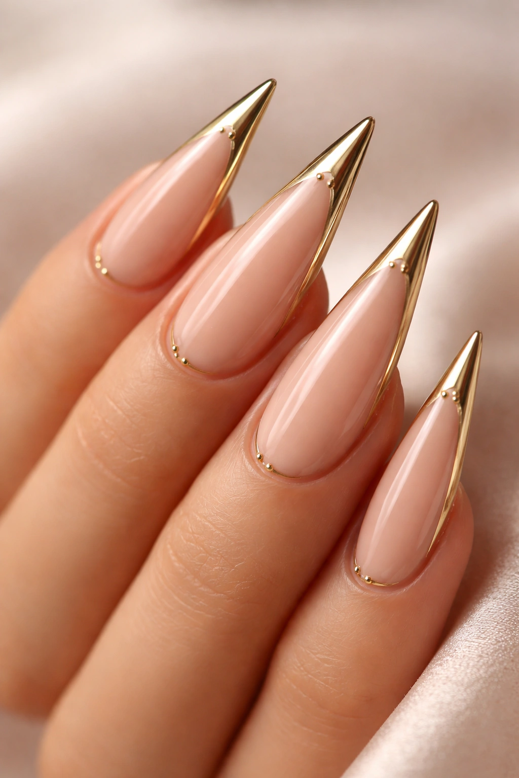 Macro close-up of nude stiletto nails with gold edge lines and tiny dots on a soft backdrop