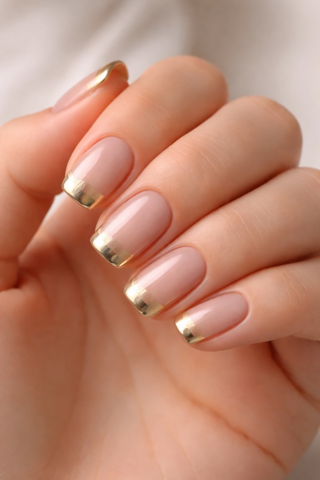 Close-up of nude nails with metallic gold tips on short squoval nails