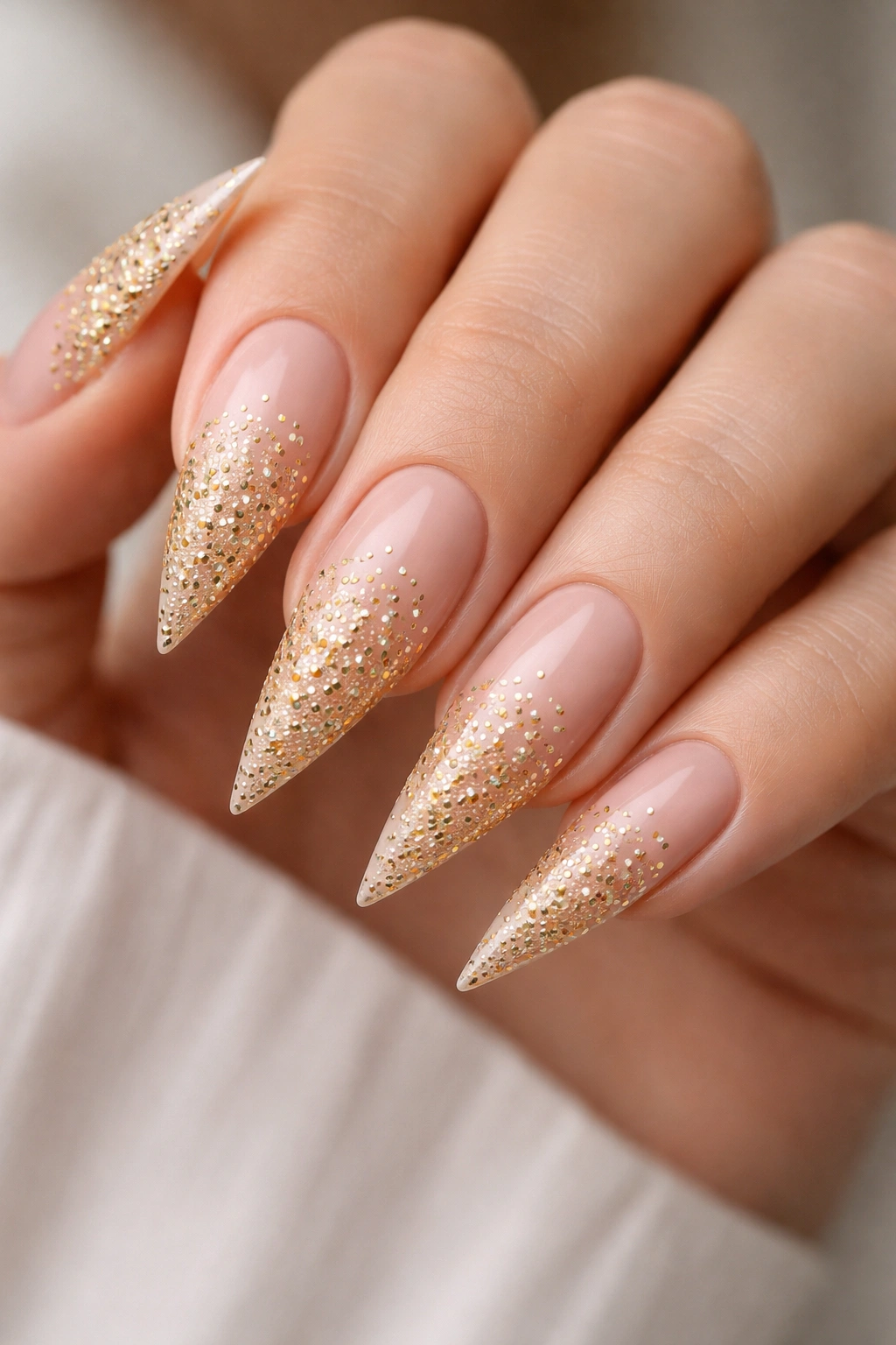 Close-up of nude stiletto nails with gradient tiny gold studs