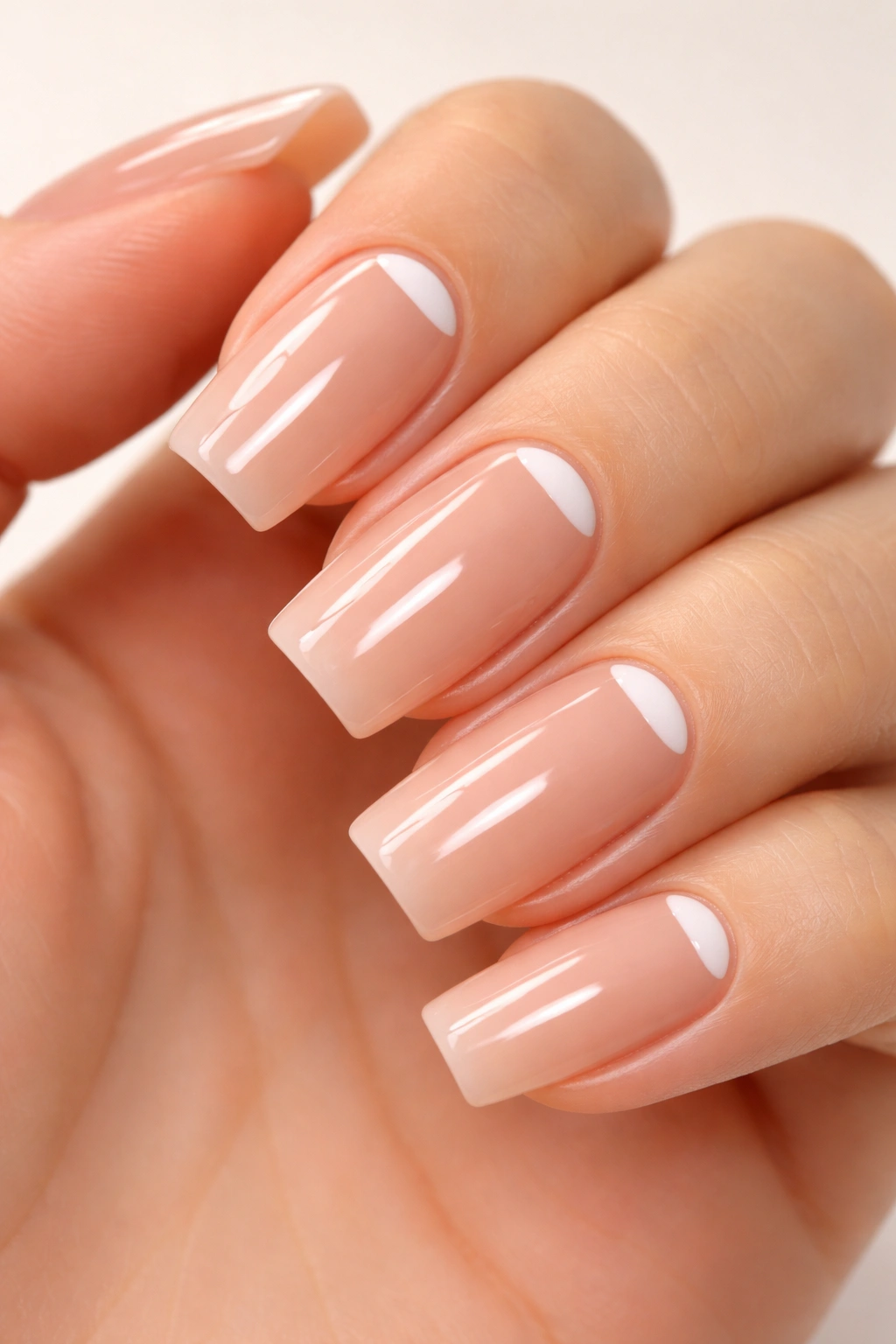 Close-up of nude nails with a subtle half-moon manicure on soft square shape