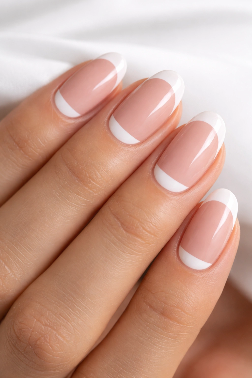 Nude short oval nails with white half-moon near the cuticle
