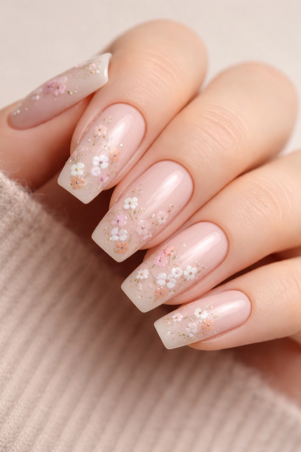Close-up of nude squoval nails with hand-painted delicate florals