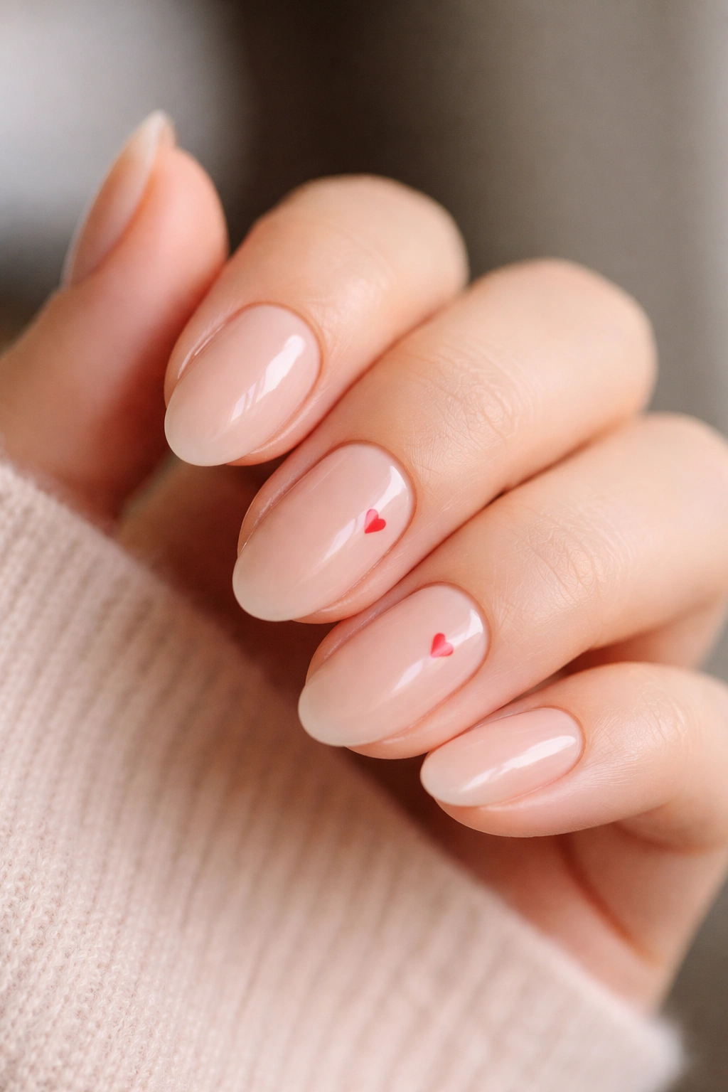 Close-up of nude almond nails with a tiny heart accent on one nail