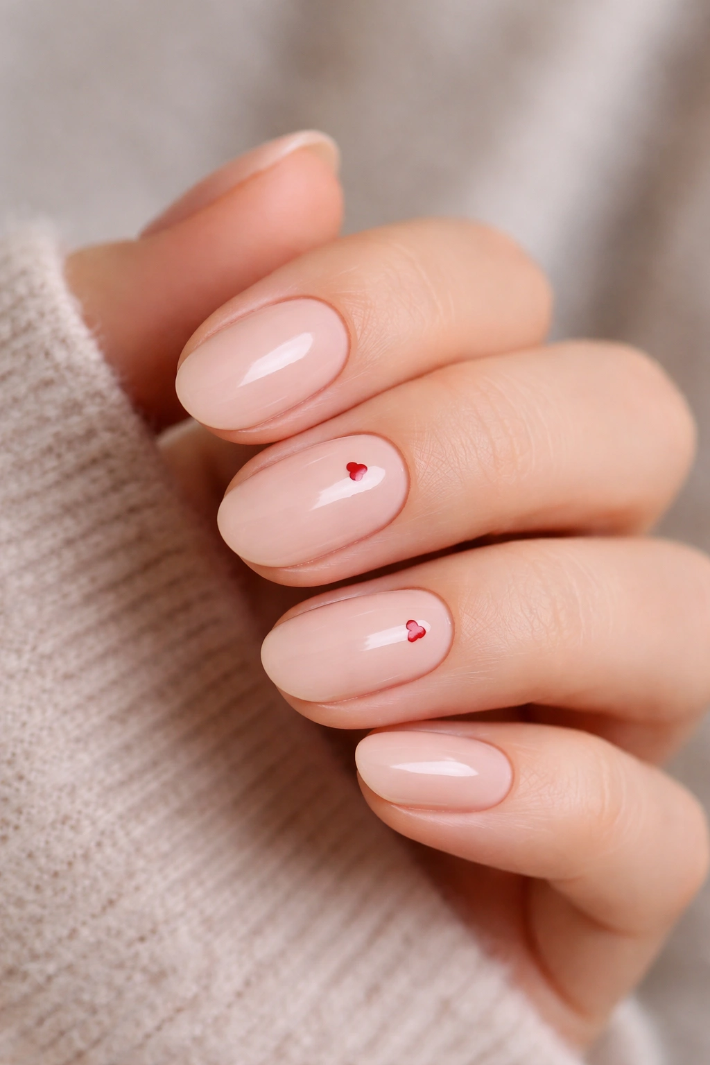 Close-up of nude short oval acrylic nails with tiny hearts on two nails against a neutral background