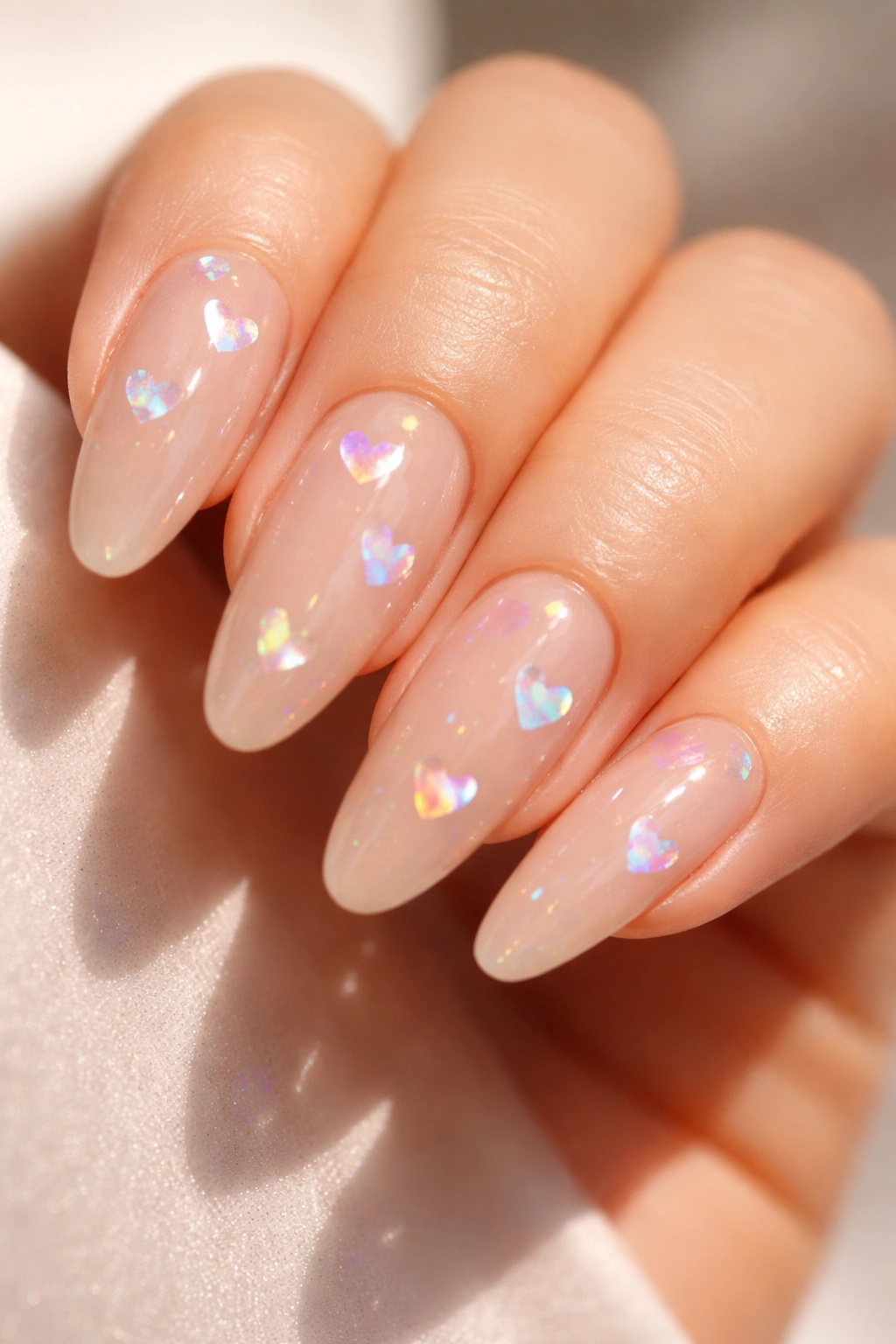 Close-up of nude nails with holographic heart details