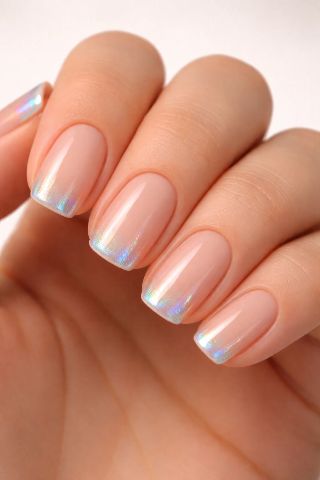 Close-up of nude base nails with holographic tips on short squoval nails