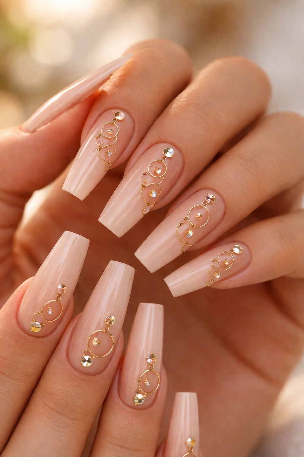 Close-up of nude nails with tiny gold hoops and gem accents