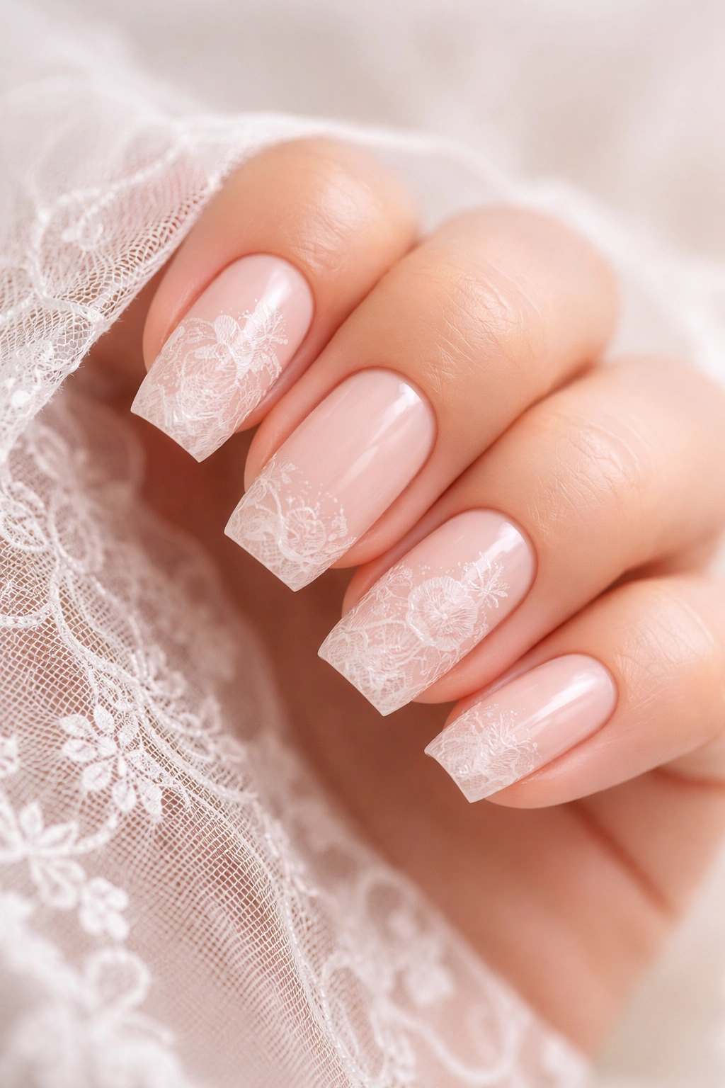 Soft nude square nails with delicate lace pattern