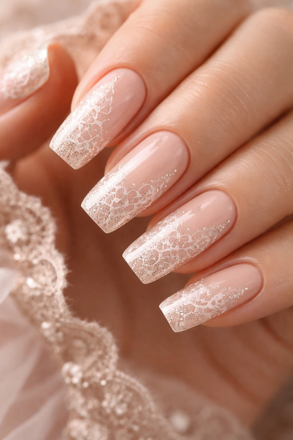 Close-up of nude nails with delicate lace stickers and subtle glitter
