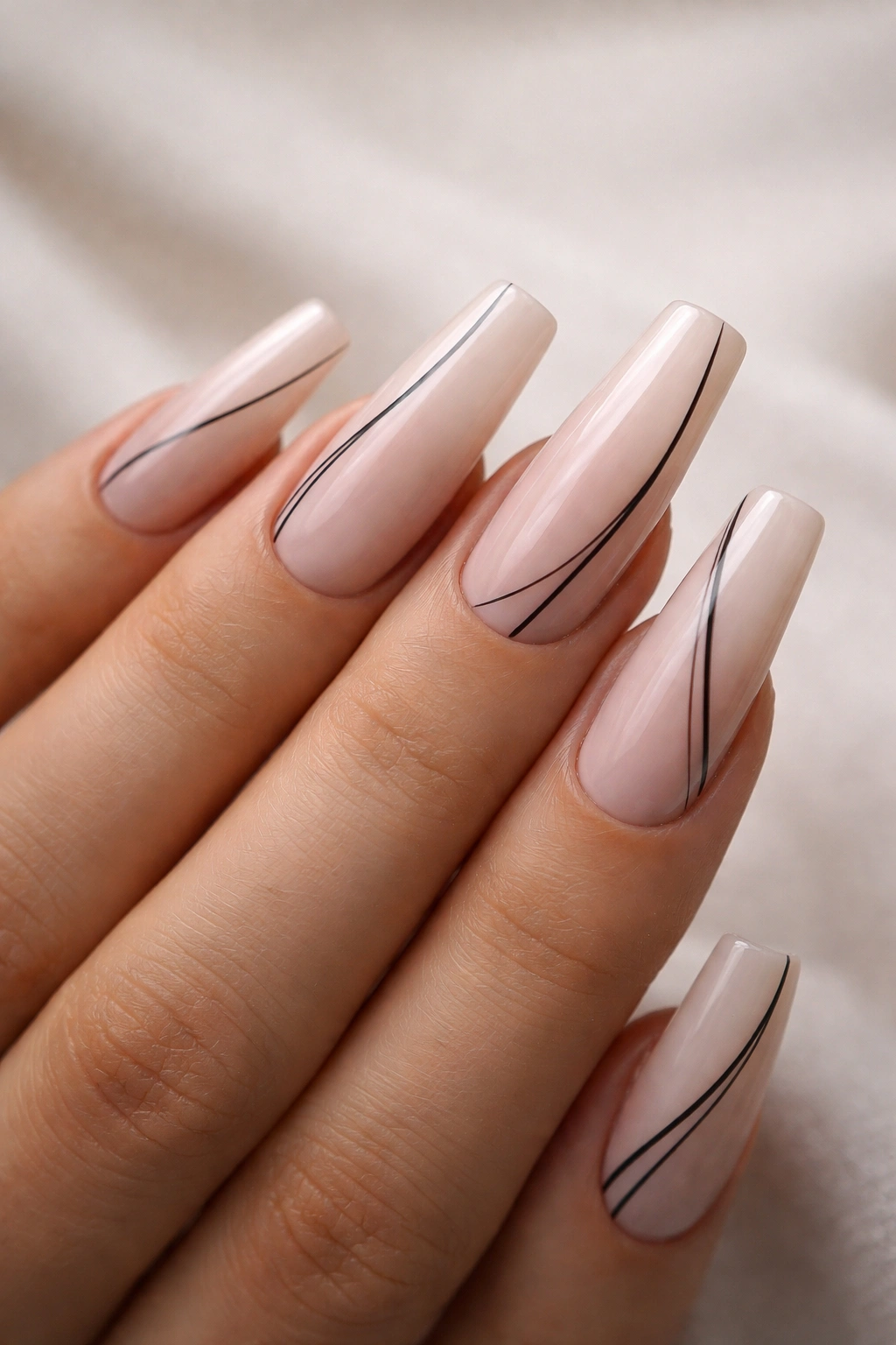 Close-up of nude coffin nails with minimalist black line art.