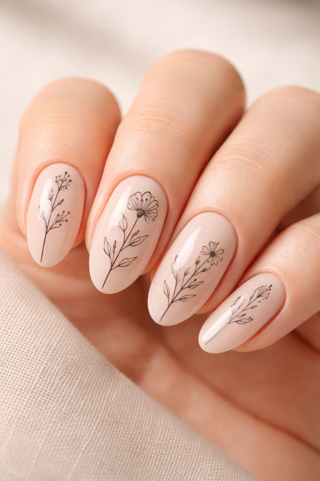 Close-up of nude-base nails with black line botanical drawings