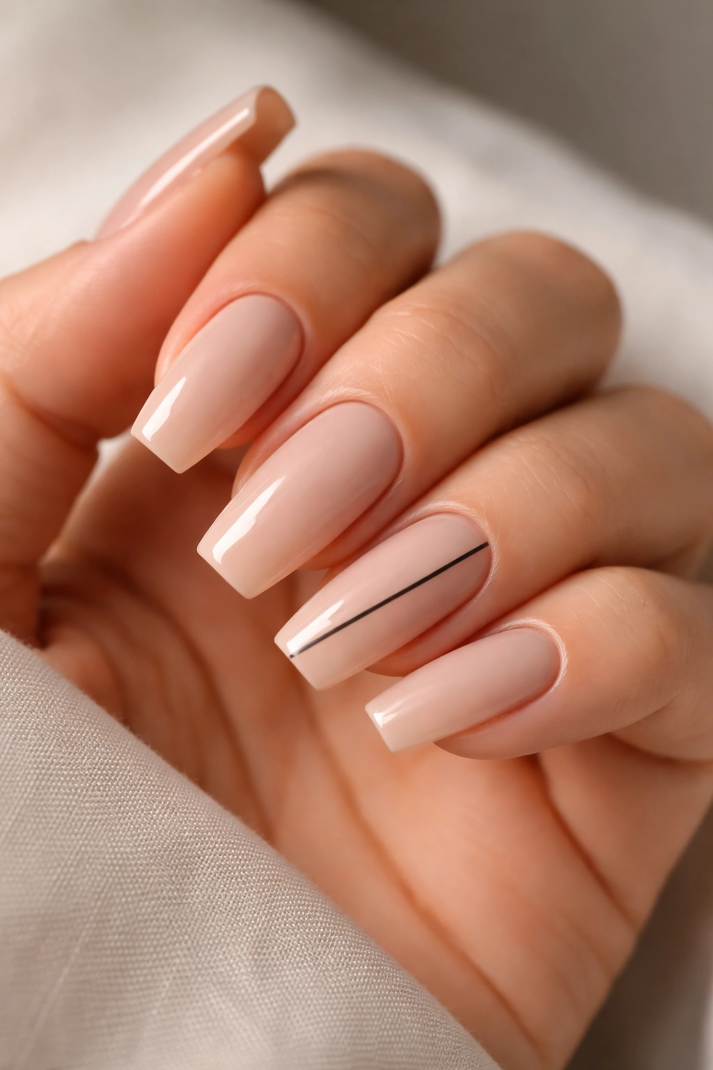 Nude coffin nails with a single thin black line on an accent nail