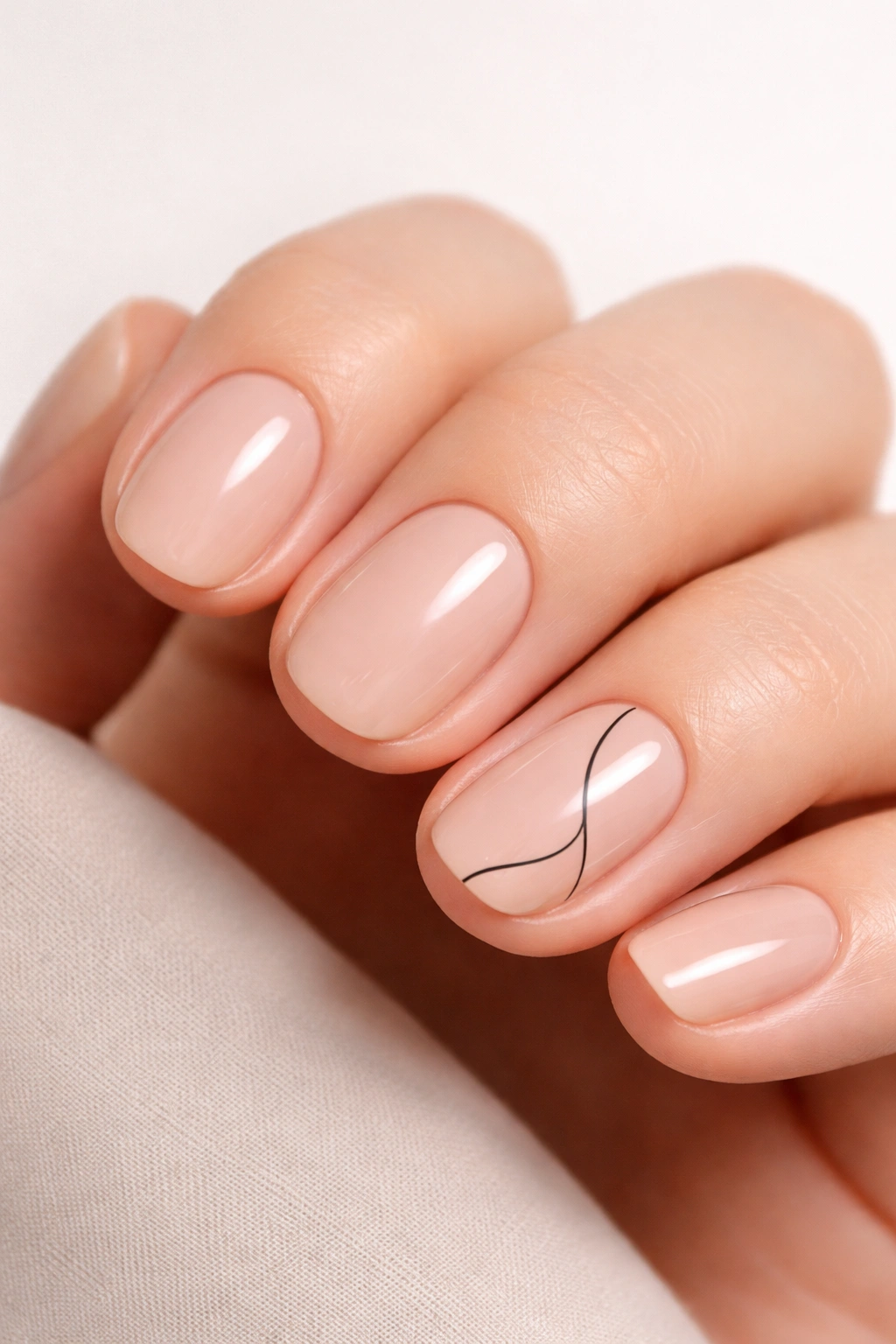 Close-up of short round nails with nude polish and a thin black line art design