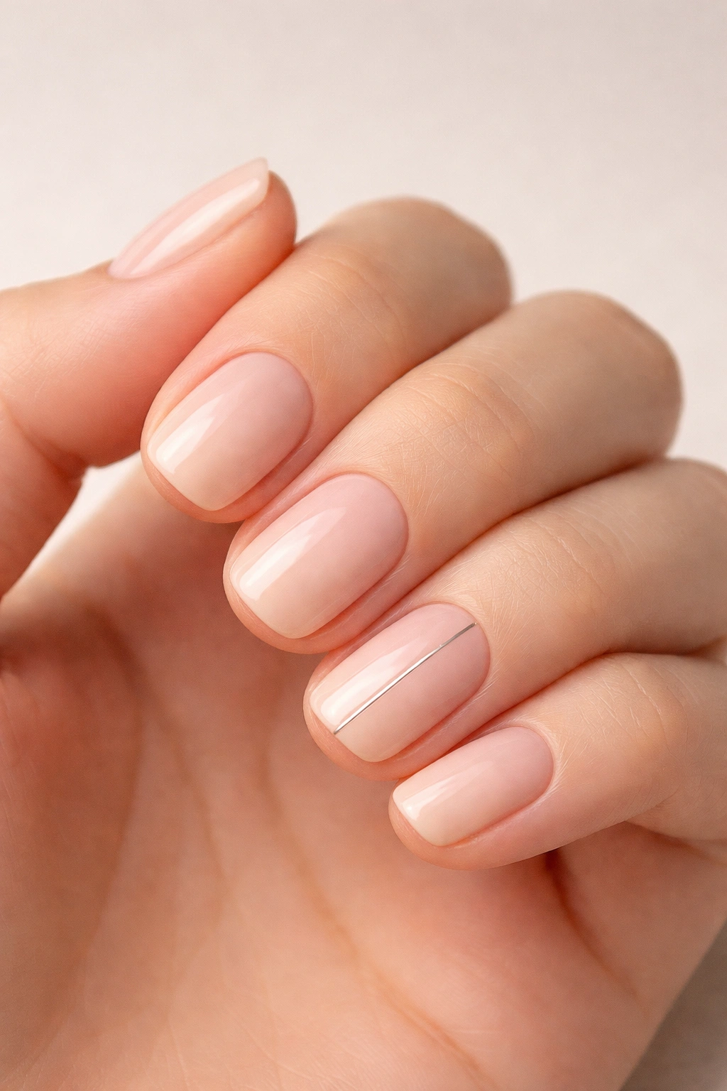 Close-up of nude nails with a single ultra-fine vertical line accent
