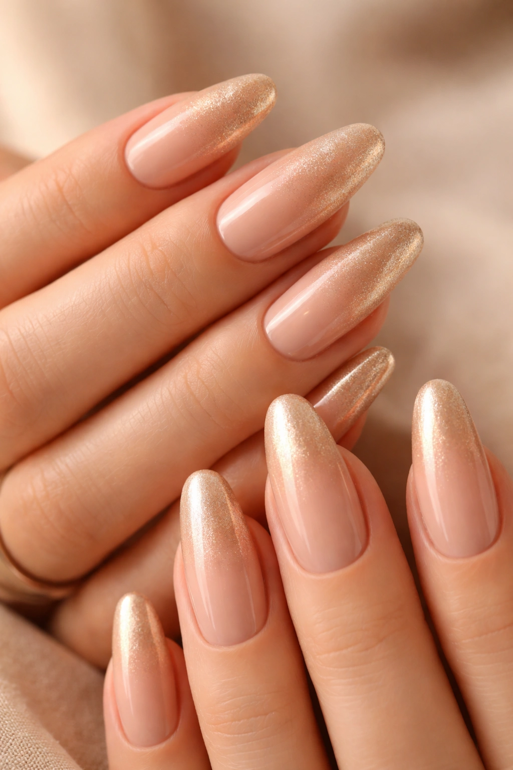 Nude to champagne ombre on long oval nails with a glossy finish