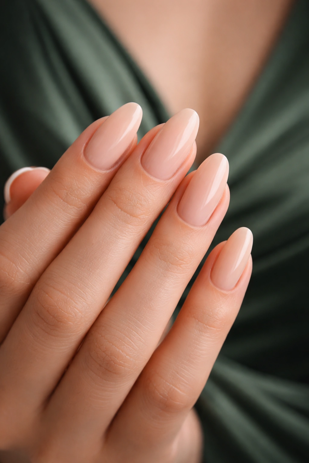 Close-up of nude manicure on hand with beige to creamy pink nails, elegant and elongated