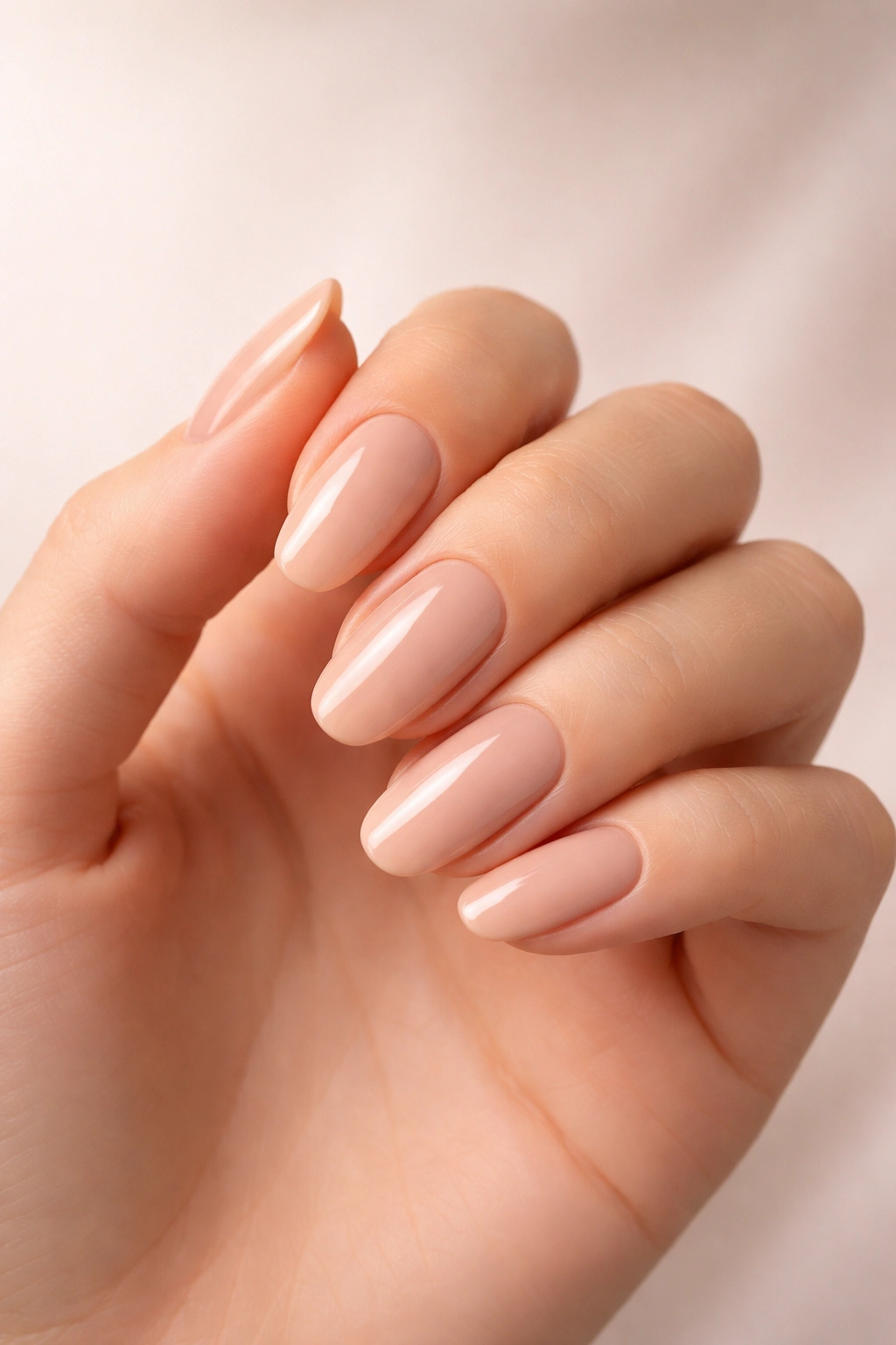 Close-up of nude manicure in beige-pink shade for burgundy outfit