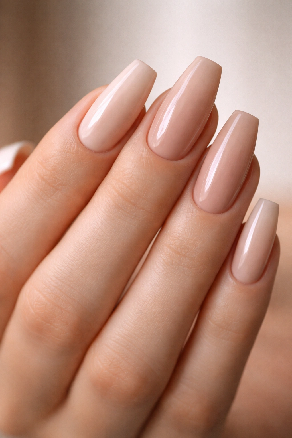 Close-up of medium-length ballerina nails in nude shade with tapered sides