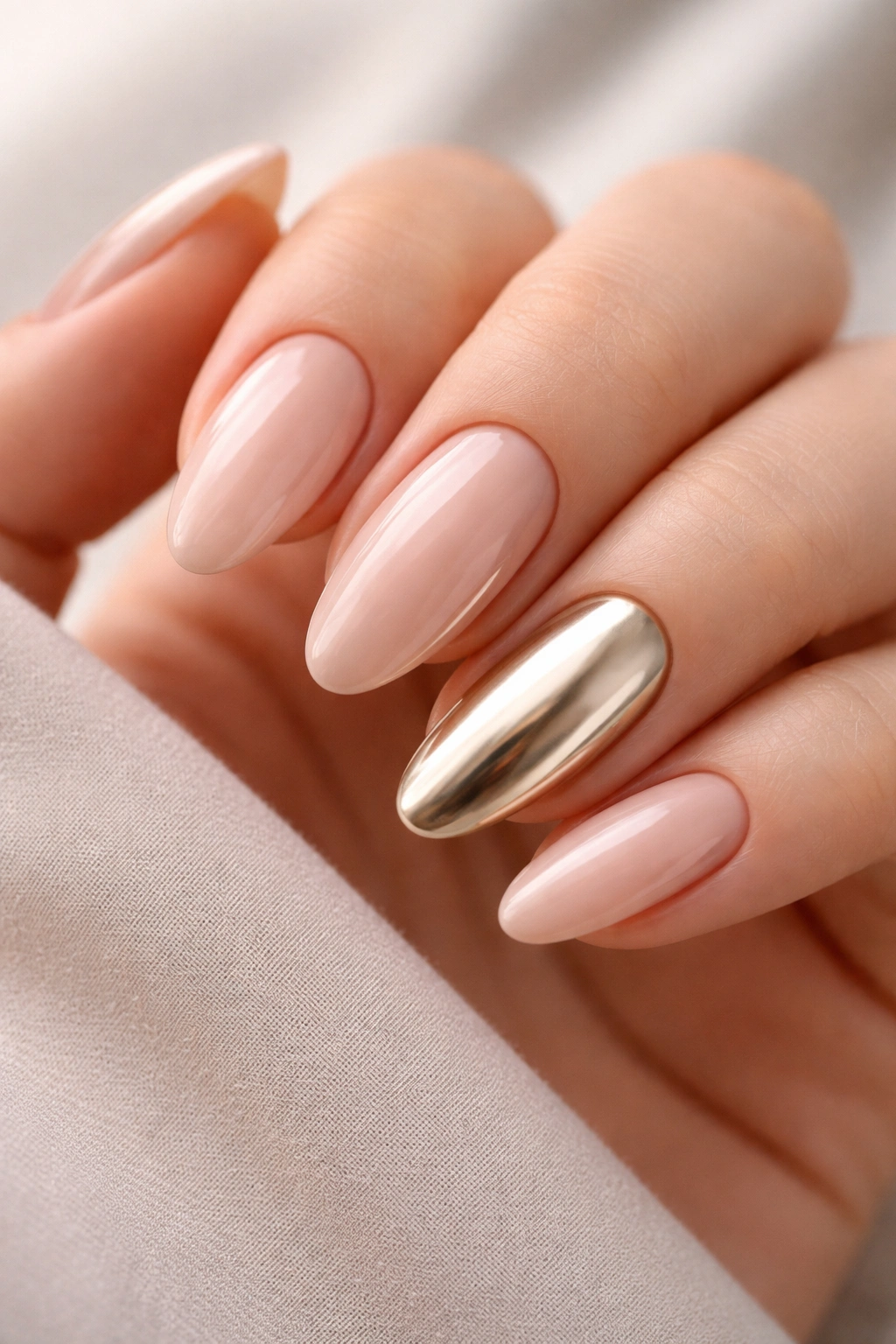 Nude nails with metallic gold accent nails on one or two digits.