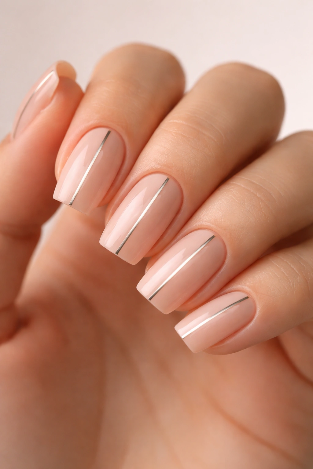Close-up of nude squoval nails with metallic accents