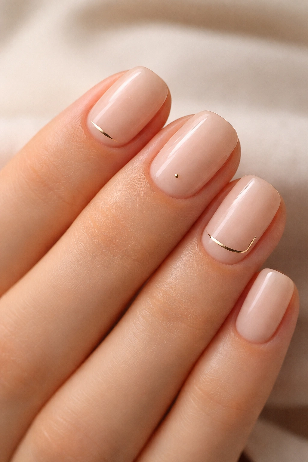 Close-up of nude nails with tiny metallic accents and minimal lines on short squoval nails