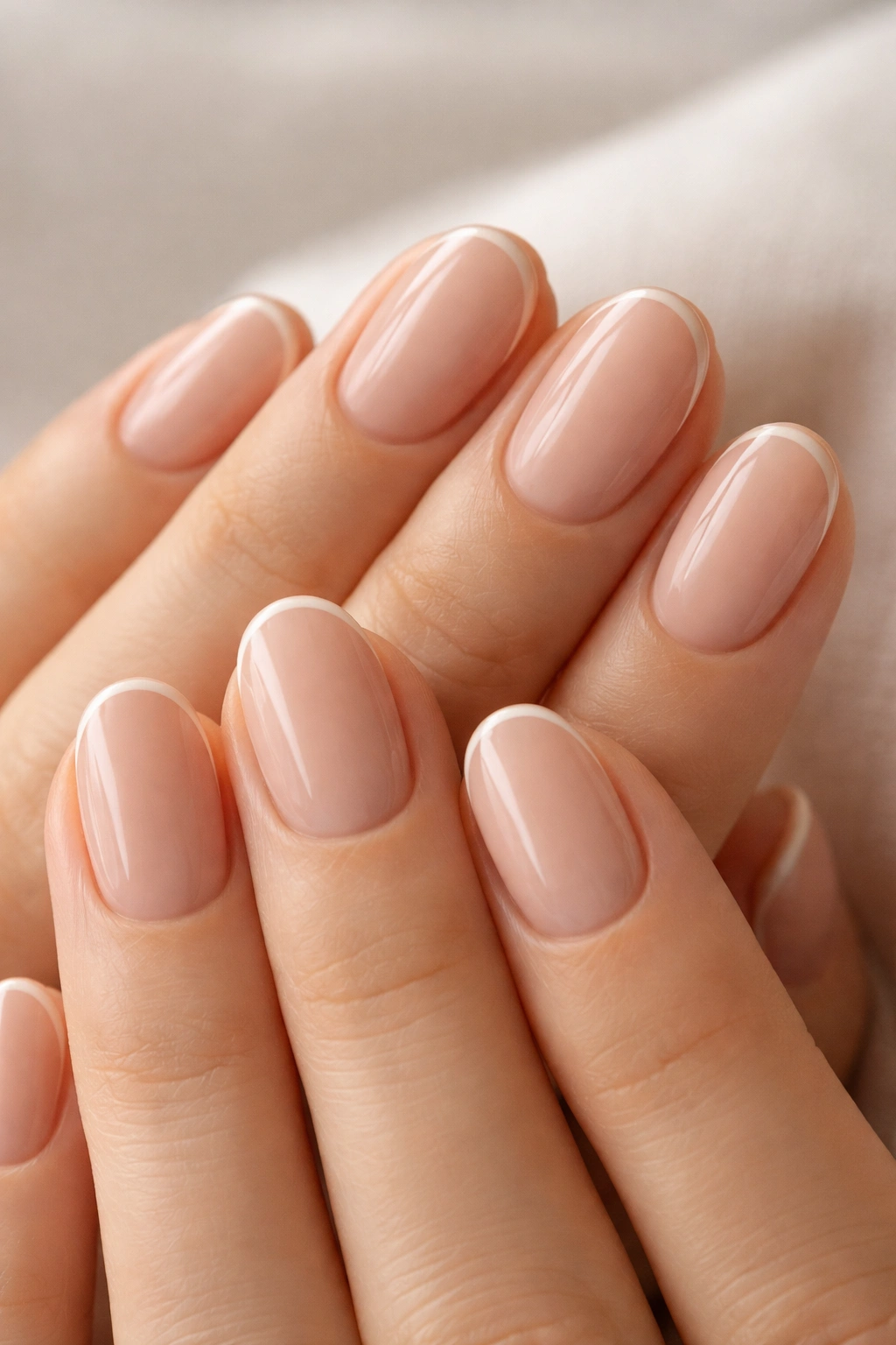 Close-up of short oval nails with a tiny micro French line on nude base